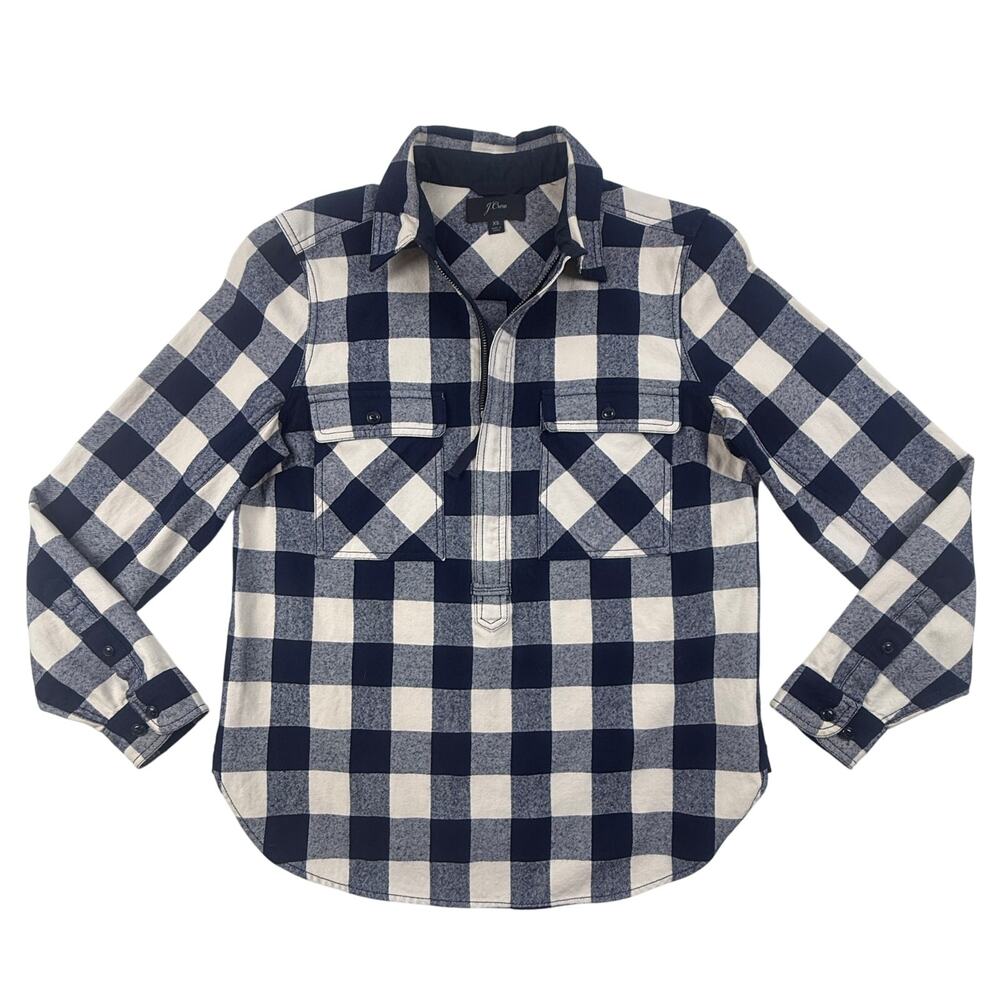J.Crew Shirt Popover Womens XS Wool Blend Blue White Buffalo Check Zip Neck